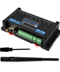 Industrial 8-Channel ESP32-S3 WiFi Relay Module with RS485 Interface, showing ports and connectors, smart home and IoT automation use