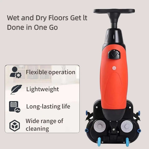 Cordless 18 Inch Walk Behind Floor Scrubber With Dual Brushes, 120 Minute Battery Power, 360 Degree Rotating Head, Industrial Grade Floor Cleaner For Tile Concrete Epoxy, Red Beast, front view