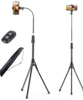 92 Inch Phone Tripod Stand With 16.5 Inch Gooseneck And Remote, Adjustable 360 Degree Ball Head shown with remote and carrying bag