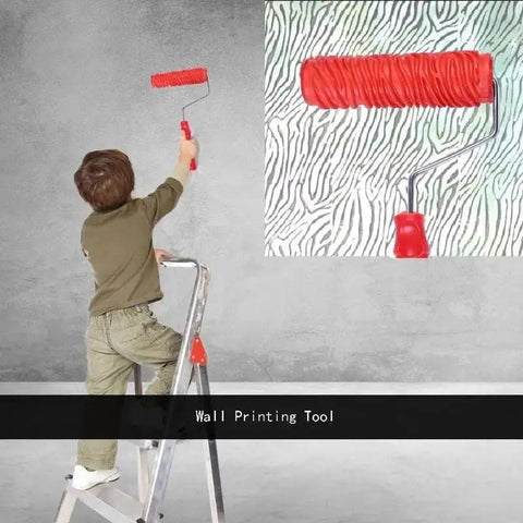 Game Changing Wall Embossing Roller For DIY Pros creating textured patterns on a painted wall by a child on a ladder.