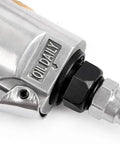 Compact 90 Degree Air Ratchet Wrench Featuring 1 4 And 3 8 Square Drives, Reversible Pneumatic impact tool connector detail