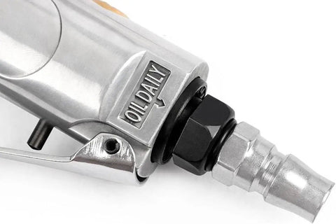 Compact 90 Degree Air Ratchet Wrench Featuring 1 4 And 3 8 Square Drives, Reversible Pneumatic impact tool connector detail