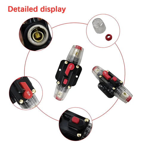 High-Octane 30 Amp Manual Reset Car Circuit Breaker Waterproof Inline Fuse Block For 12V To 25V Vehicles showing detailed connections and components.