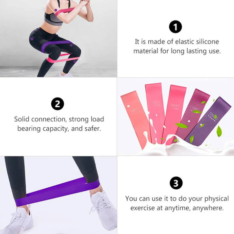 Five Piece Yoga Resistance Bands Set foldable silicone bands with strong load bearing, anti-skid grip in use during workout.