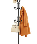 Heavy Duty Freestanding Coat Rack with Stable Wood Base and Metal Frame, 12 Hooks for Jackets Hats Bags, showing hat, coat, and purse