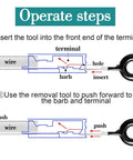 Diagram showing operation steps for 60 Piece Terminal Removal Tool Kit For Car Wiring And Electrical Connectors Pin Extractor.