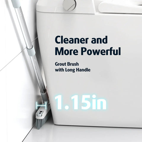 Pro Grade Grout Brush With Long Handle, 180 Degree Swivel Scrub, V-Shape Grout Line Scrubber placed against bathroom corner