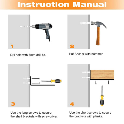 Instruction manual for installing Heavy Duty 10 Inch L Shaped Shelf Brackets 6 Pack Steel Wall Mount Brackets with tools.