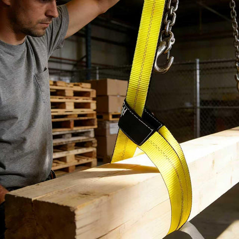 Worker using 2 Inch By 10 Foot Heavy Duty Lift Sling Web Strap With Wear Guard End And Flat Eye Reinforced Loops 15000 Lb Capacity