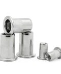 Top Grade Stainless Steel 10 Pack Flat Head Threaded Insert Rivets Nuts displayed in various sizes, shiny silver finish for DIY projects.