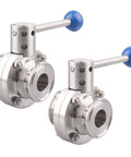 Two 304 stainless steel 1.5-inch tri-clamp butterfly valves with blue pull handles.