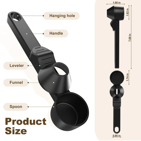 Mess Free Two Tablespoon Coffee Scoop With Built In Funnel For Reusable K Cup Pods showing handle, leveler, and funnel