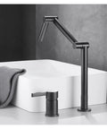 Faucet, Desk Mounted 360 Rotate Foldable Basin Faucet Mixer Hot and Cold Sink Tap Rotate Folding Spout Kitchen Matter Black, Black Color-R with gray towel.