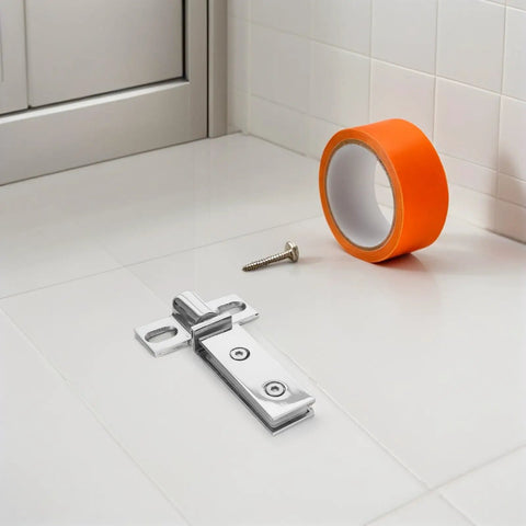 Stainless Steel Shower Door Pivot Hinge With Double Hole Design In 304 Bright Finish on tile floor with screw and tape
