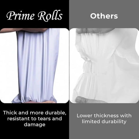 Comparison of thick, durable Prime Rolls and thinner, less durable poly mailers, highlighting 12x15.5 weatherproof features.