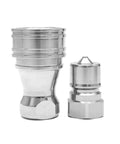 3/8 Inch NPT Hydraulic Quick Connect Coupler Set Built From Tough As Nails 316 Stainless Steel With ISO 7241 B Poppet Valve and dust plugs.