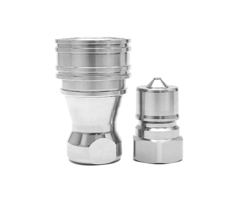3/8 Inch NPT Hydraulic Quick Connect Coupler Set Built From Tough As Nails 316 Stainless Steel With ISO 7241 B Poppet Valve and dust plugs.