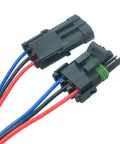 Heavy Duty 3 Way Male To Female Weather Pack Connector Kit With 12010717 And 12015793 Terminals For Auto Wiring Repairs Featuring Durable Copper Pins And 16 Awg Wires, black connectors with red blue black wires