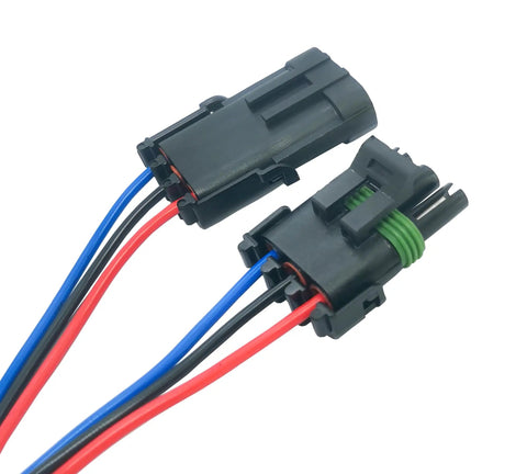 Heavy Duty 3 Way Male To Female Weather Pack Connector Kit With 12010717 And 12015793 Terminals For Auto Wiring Repairs Featuring Durable Copper Pins And 16 Awg Wires, black connectors with red blue black wires