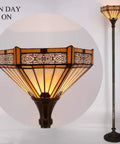 Yellow Hexagon Tiffany Floor Lamp With Stained Glass Mission Shade, 71 Inch Torchiere, Antique Bronze Base, Warm Uplight