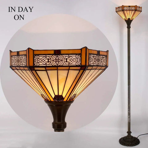 Yellow Hexagon Tiffany Floor Lamp With Stained Glass Mission Shade, 71 Inch Torchiere, Antique Bronze Base, Warm Uplight