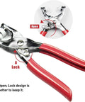 Top Shelf 3/8 Inch Metal Snap Button Pack With 200 Heavy Duty Fasteners And Snapping Pliers For DIY Sewing Lets Your Old Gear Look Fresh Again Comes In Ten Bold Shades Perfect For Quick Fixes, showing red snapping pliers with lock and open features.