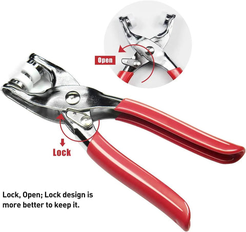 Top Shelf 3/8 Inch Metal Snap Button Pack With 200 Heavy Duty Fasteners And Snapping Pliers For DIY Sewing Lets Your Old Gear Look Fresh Again Comes In Ten Bold Shades Perfect For Quick Fixes, showing red snapping pliers with lock and open features.