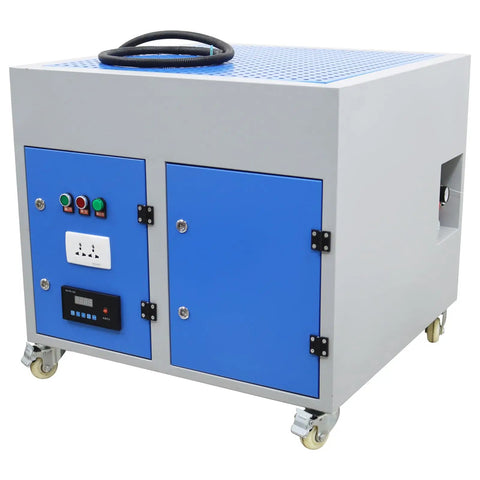 Badass Heavy Duty Metalworking Downdraft Table Featuring Industrial Dust Collector Vacuum System And Workshop Grade Welding Workbench with blue casing.