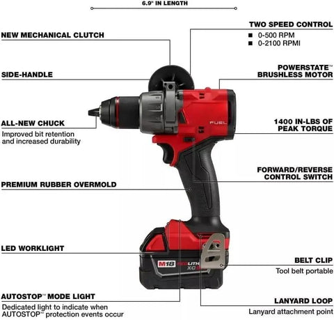 Heavy Duty Cordless Tool Combo Bundle Featuring Brushless Hammer Drill Driver showing side view with details on features and controls.