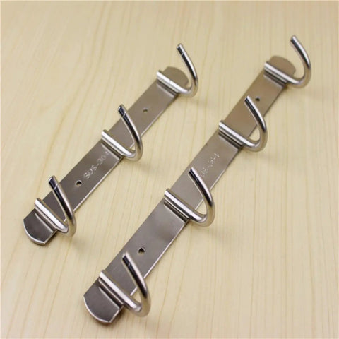 Heavy Duty Stainless Steel Wall Mount Hooks Low Profile Hidden Storage Setup Hella Durable Rust Resistant Key And Coat Rack Three Pack showing two hooks on wooden background.