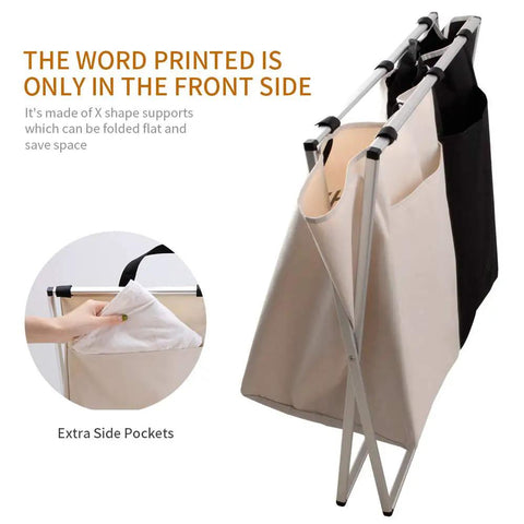 Two Section Laundry Basket Hamper Foldable Waterproof Cloth Organizer With Aluminum X Frame And Side Pockets