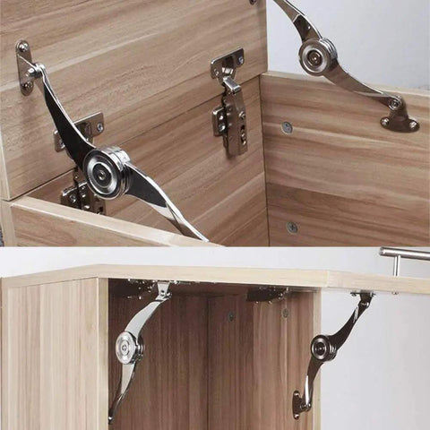 Lid Support Hinge Set For Cabinets And Toy Boxes, Folding Lid Stay Hinges With Buffer Damper, shown installed on wood panel