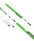 Two Piece Multi Tool Pen Set With Ballpoint EDC Pen And Stylus, Screwdriver, Ruler, Level, And Flashlight in green aluminum