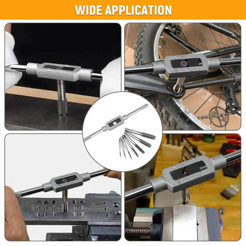 8-Piece Tap Set With Adjustable Tap Wrench 1/16-1/2 Inch, DIY Ready For Internal And External Threading, multiple applications shown