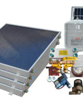 Heavy Duty Freeze Resistant Hybrid Solar Water Heater Kit Featuring Four High Output Panels with installation components.