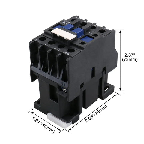 Three Pole AC Contactor 110VAC Coil 3NO 1NO Auxiliary 9A 380V AC Three-Phase DIN Rail Mount with dimensions shown