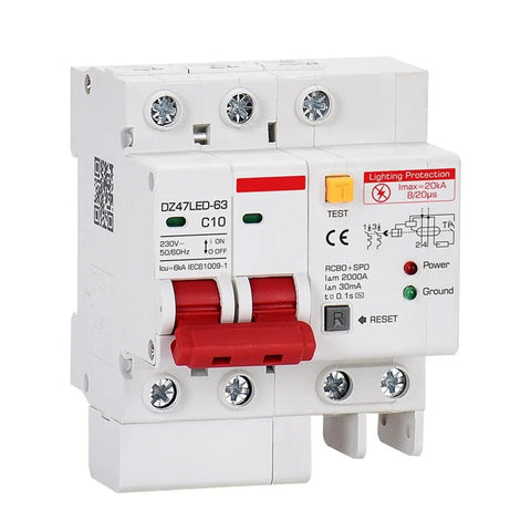 Heavy Hitter Spd Residual Current Breaker With Overload And Lightning Surge Guard 220V AC 32 Amp 30 Ma Trip compact design with dual switch features.