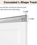 Concealed Sliding Barn Door 36 By 84 Inches Shaker Style Flat One Panel White Primed with L-shape track details and dimensions.