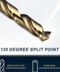 Close-up of a drill bit from the Five Piece Drill Bit Set Pro Grade 3.4mm To 7.9mm M2 High Speed Steel with 135 Degree Split Point.