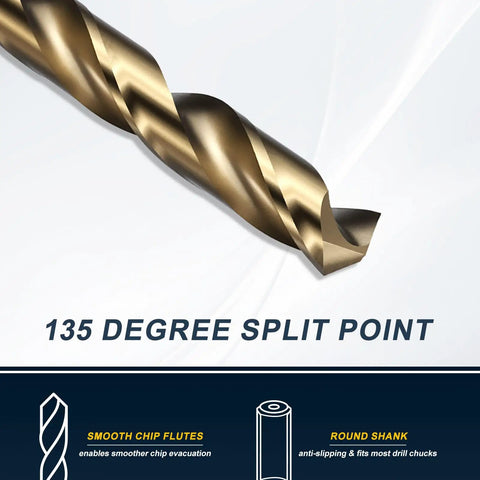 Top Notch Jobber Drill Bit Set With Gold Finish, 10mm High Speed Steel Bit Kit For Metal Wood And Plastic, 1mm To 10mm Sizes With 135 Split Point Drills, gold 135-degree split point drill bit close-up