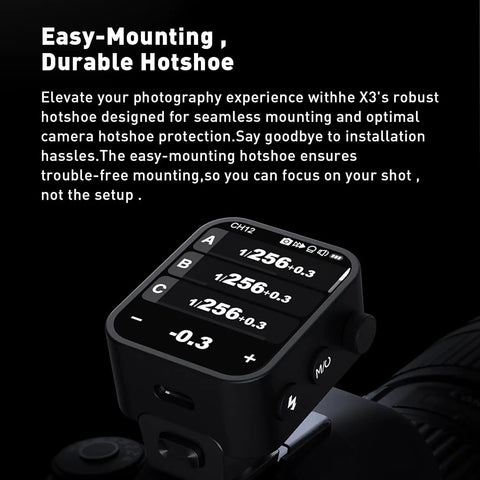 X3 C TTL Wireless Flash Trigger For Canon Cameras With 2 4G Connectivity OLED Touchscreen displaying settings