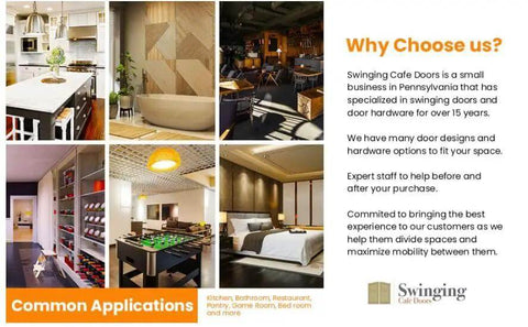 Collage of applications for swinging cafe doors including kitchen, bathroom, restaurant, featuring door hardware, with company information.