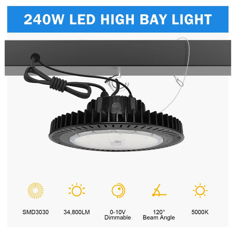 240W UFO High Bay LED Light For Warehouse And Garage Workhorse Ultra Bright 34800 Lumens 5000K IP65 0 To 10V Dimmable