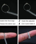 Clear Silicone Ring Size Adjuster Guard For Loose Rings Fits Most Rings For Women And Men Four Adjustable Loop Sizes No Adhesive Needed Easy Resizing With More Loops For A Tighter Fit shown with instructions and installation steps on a finger