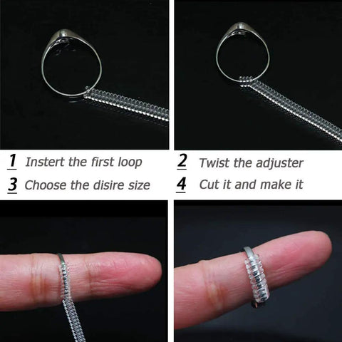 Clear Silicone Ring Size Adjuster Guard For Loose Rings Fits Most Rings For Women And Men Four Adjustable Loop Sizes No Adhesive Needed Easy Resizing With More Loops For A Tighter Fit shown with instructions and installation steps on a finger