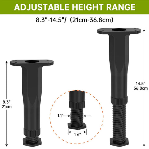 Heavy Duty Adjustable Bed Frame Support Legs Screw Mounted 8.3 To 14.5 Inches Four Pack with adjustable height feature.