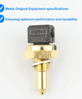 Close-up of brass coolant temperature sensor (ECT) with black plastic connector and threaded shaft.