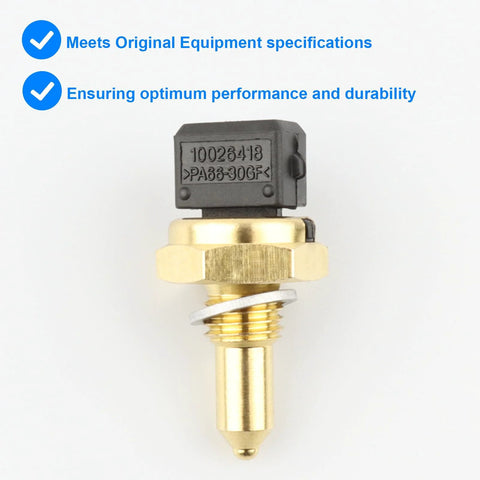 Close-up of brass coolant temperature sensor (ECT) with black plastic connector and threaded shaft.