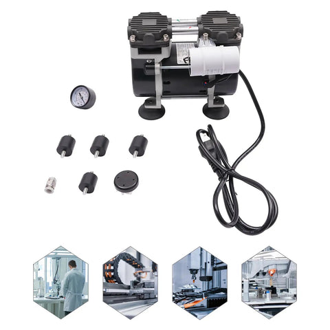 Heavy Duty Oilless Vacuum Pump That Runs Like A Dream With 50 Liters Per Minute Output And 150 Watt Pure Copper Motor For No Nonsense Lab And Shop Work Featuring A Solid Pressure Gauge On 110 Volts with accessories.