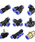 Assorted elbow push to connect fittings for pneumatic air line, including 90 degree quick push lock adapters, durable plastic body